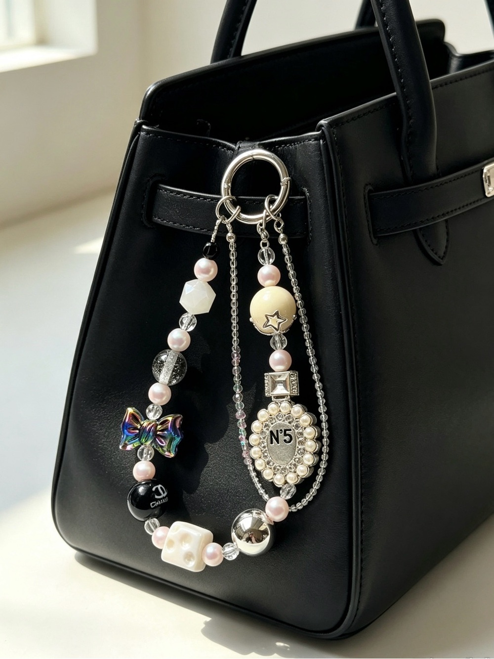 Authentic CC Ribbon & Camellia White & Black Pearl Perfume bottle No5 Bag Charm